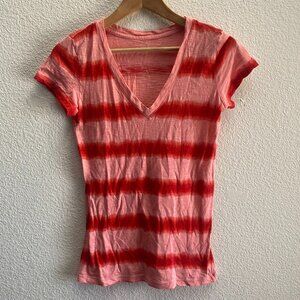 Victoria's Secret Striped V-Neck T-Shirt Orange Pink Color Burnout Small